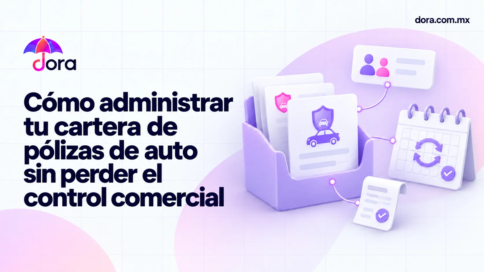 Gráfico de Dora sobre cómo administrar una cartera de pólizas de auto, con documentos de vehículos, calendario de renovaciones y datos de clientes