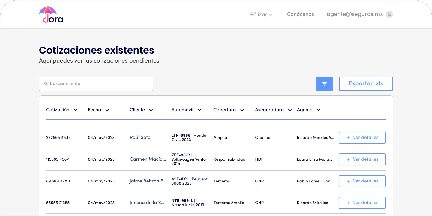 Panel de Dora para cotizar y emitir seguros de auto