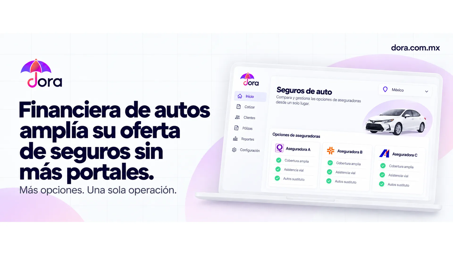 Gráfico de Dora sobre una financiera de autos que amplía su oferta de seguros, junto a una laptop con opciones de tres aseguradoras