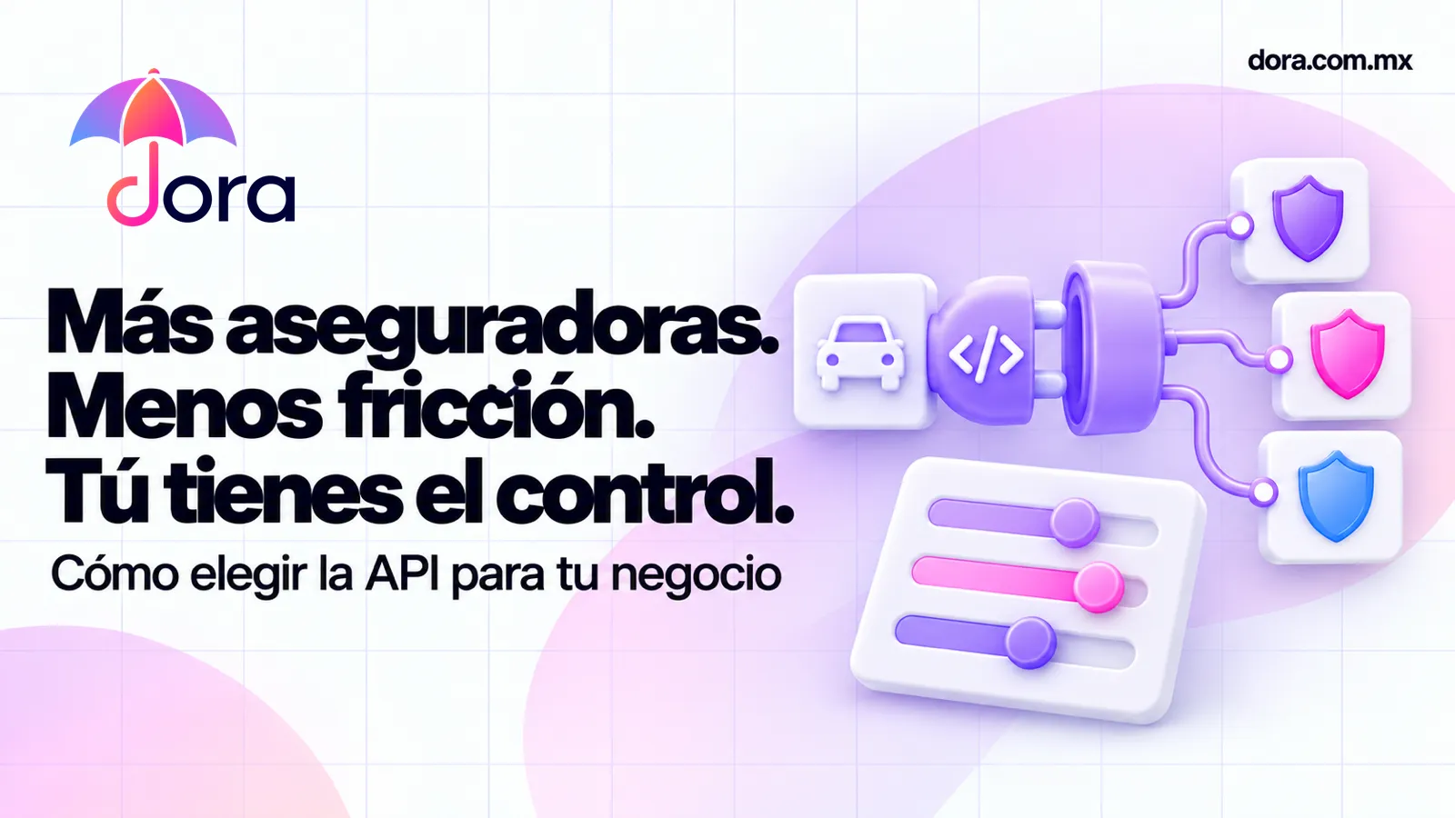Gráfico de Dora con un automóvil y código conectados a escudos de aseguradoras, acompañado del mensaje Más aseguradoras. Menos fricción. Tú tienes el control.