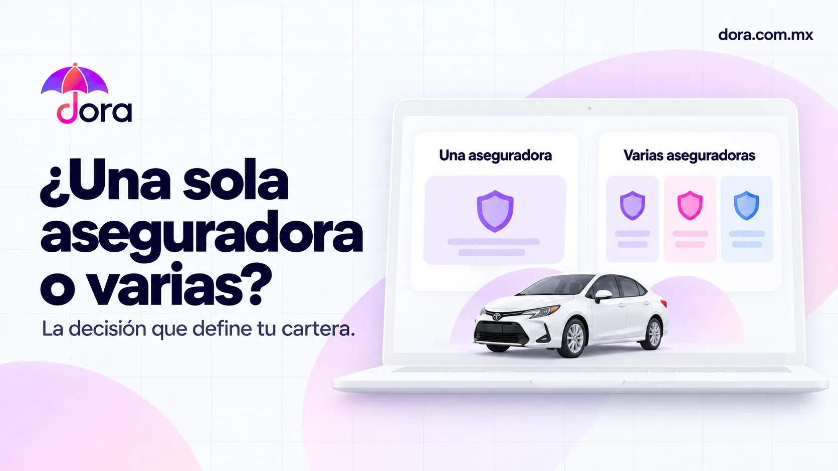 Comparación entre una sola aseguradora y varias aseguradoras mostrada en una laptop junto a un automóvil blanco