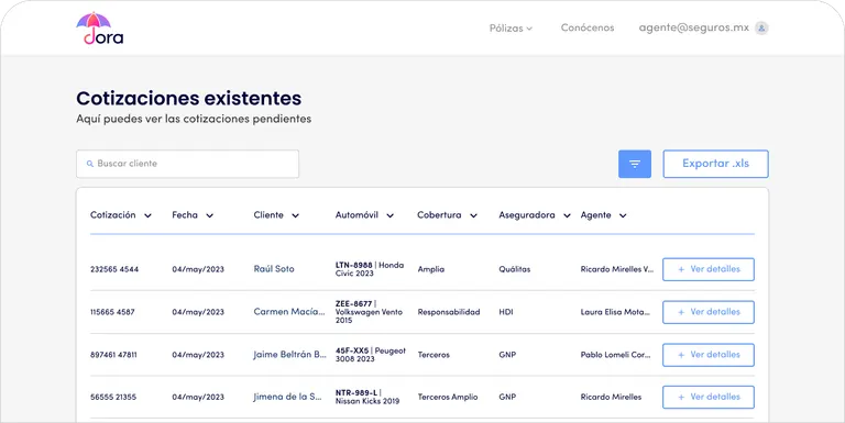 Panel de Dora para cotizar y emitir seguros de auto